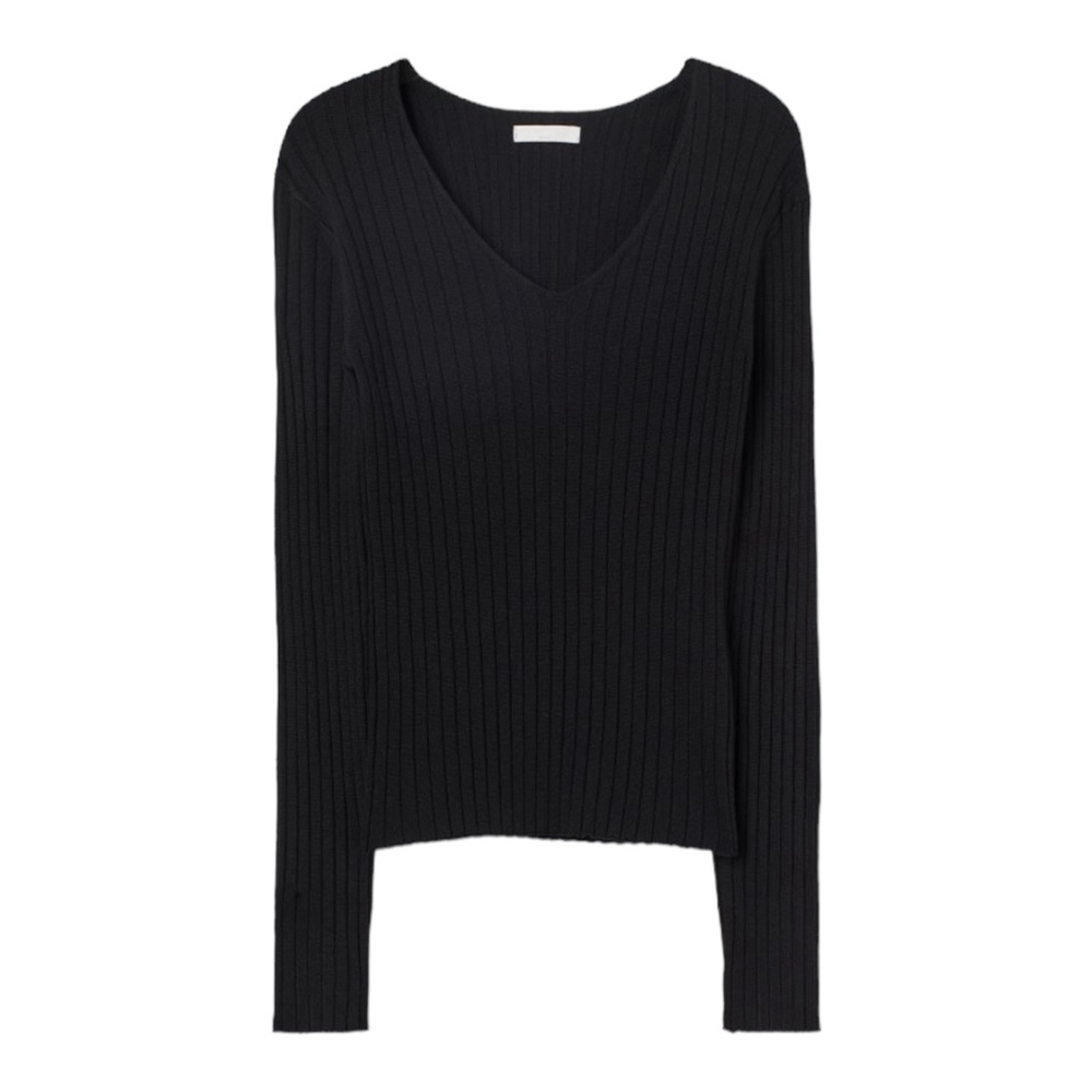 H&M Rib Knit Top V Neck  Black Womens Large Long Sleeve Viscose Blend
